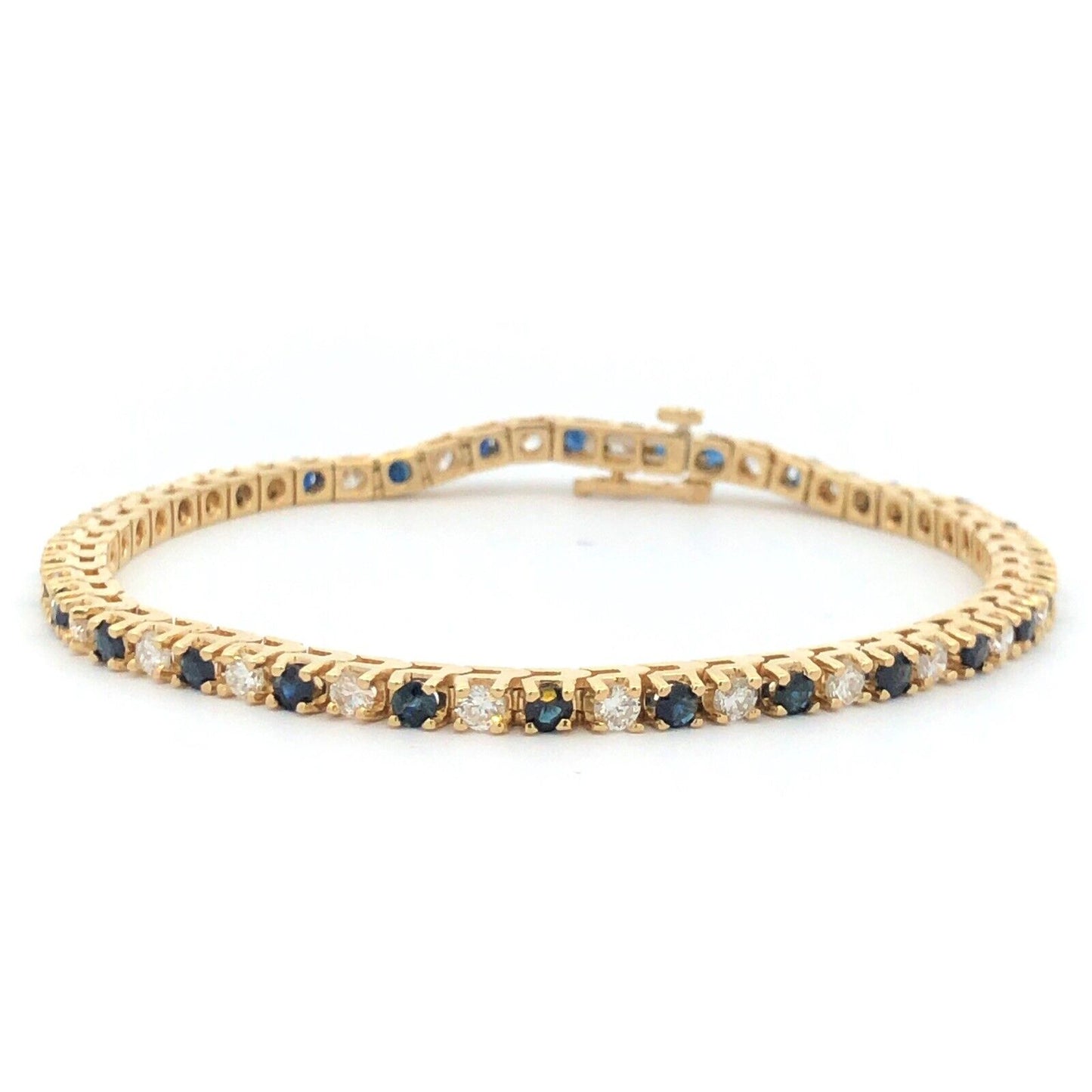 Vintage 14K Yellow Gold Round Blue Sapphire Diamond Statement Tennis Bracelet