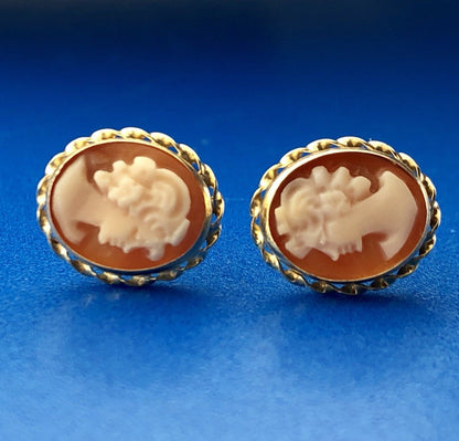 Classic Victorian 14K Yellow Gold Carved Cameo Statement Stud Earrings