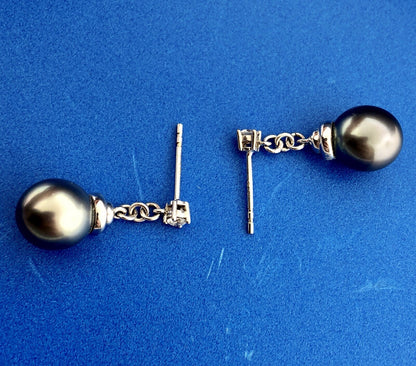 Stunning 14K White Gold Black Pearl Diamond Dangle Drop Earrings