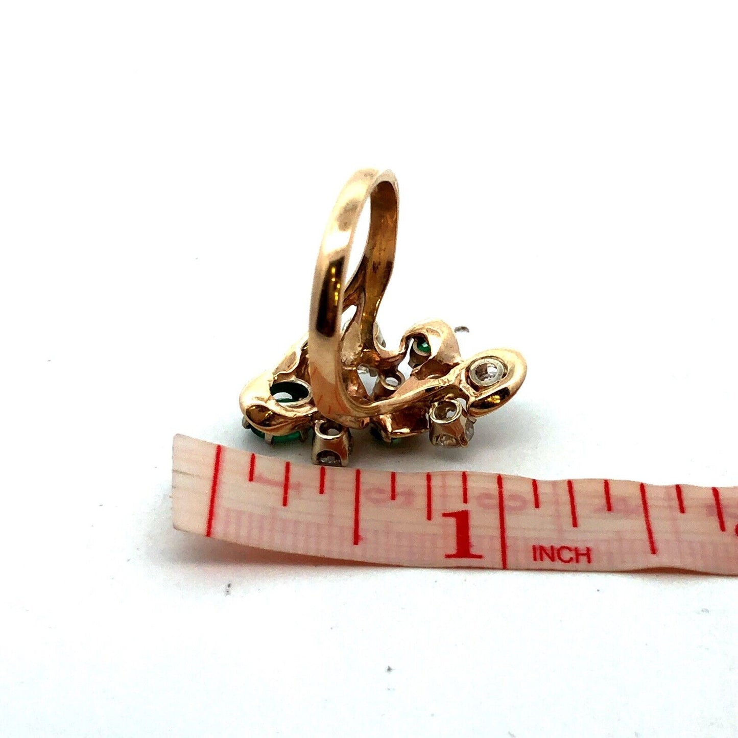 Estate 14K Yellow Gold Round Diamond Emerald Swirl Modernist Cluster Ring