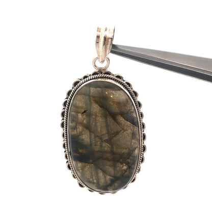 Vintage 925 Sterling Silver Oval Cabochon Labradorite Large Statement Pendant