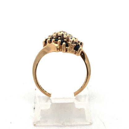 Designer WW 10K Yellow Gold Round Sapphire Diamond Oval Bypass Cluster Ring