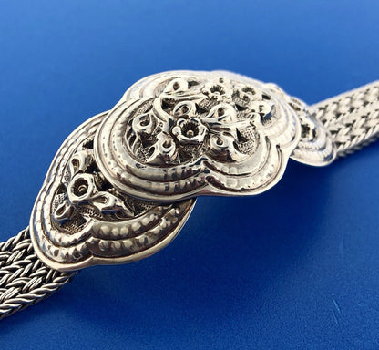 Great Designer Sterling Silver 925 Floral Scroll Wheat Mesh Concho Dome Bracelet