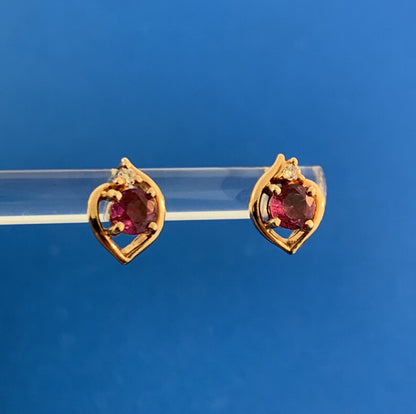 Estate Designer 14K Yellow Gold Ruby Diamond July Anniversary Stud Earrings