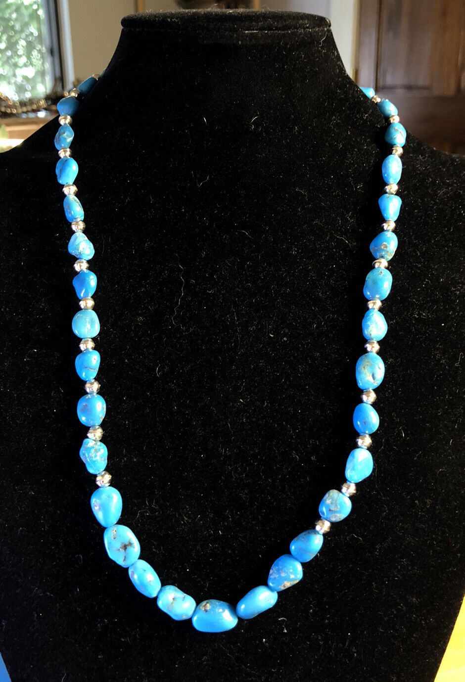 Native American 925 Sterling Silver Turquoise And Silver Ball Beads Necklace