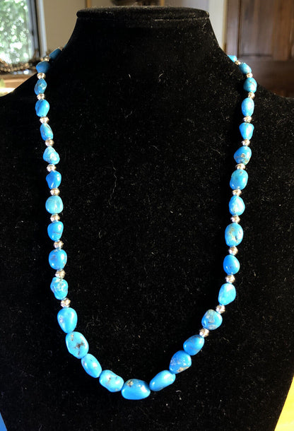 Native American 925 Sterling Silver Turquoise And Silver Ball Beads Necklace