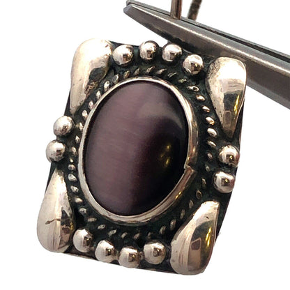 Designer Sterling Silver Oval Purple Cat Eye Cabochon Rectangle Hook Earrings