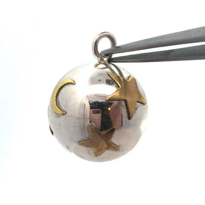 800 Fine Silver Brass Vintage Designer Moon Stars Baby Ball Bell Rattler Pendant