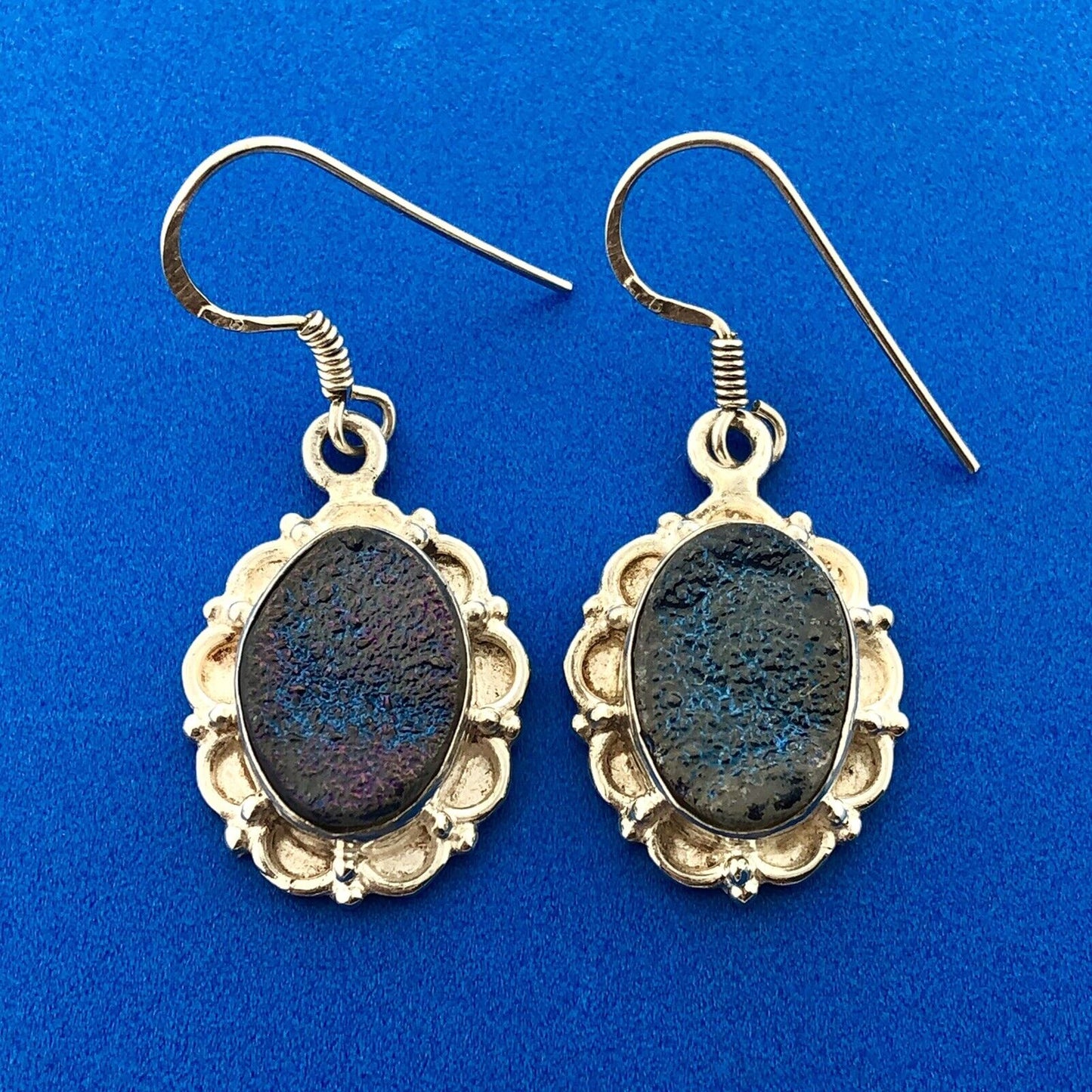 Estate 925 Sterling Silver Iridescent Purple Druzy Quartz Drop Dangle Earrings