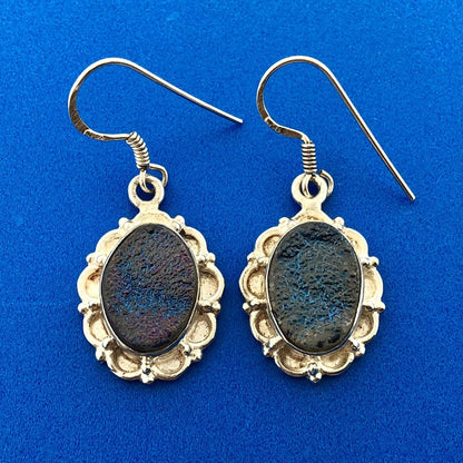 Estate 925 Sterling Silver Iridescent Purple Druzy Quartz Drop Dangle Earrings