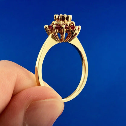 Designer 14K Yellow Gold Ruby Diamond 3 Tier Cluster Engagement Cocktail Ring