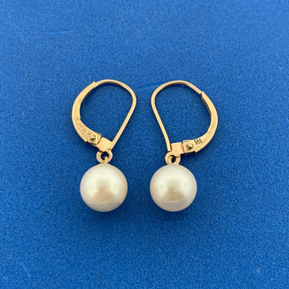 14K Yellow Gold Pearl June Bridal Anniversary Leverback Dangle Earrings