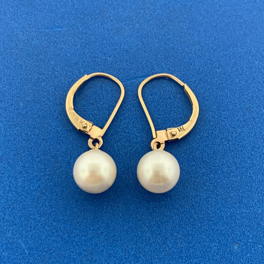 14K Yellow Gold Pearl June Bridal Anniversary Leverback Dangle Earrings
