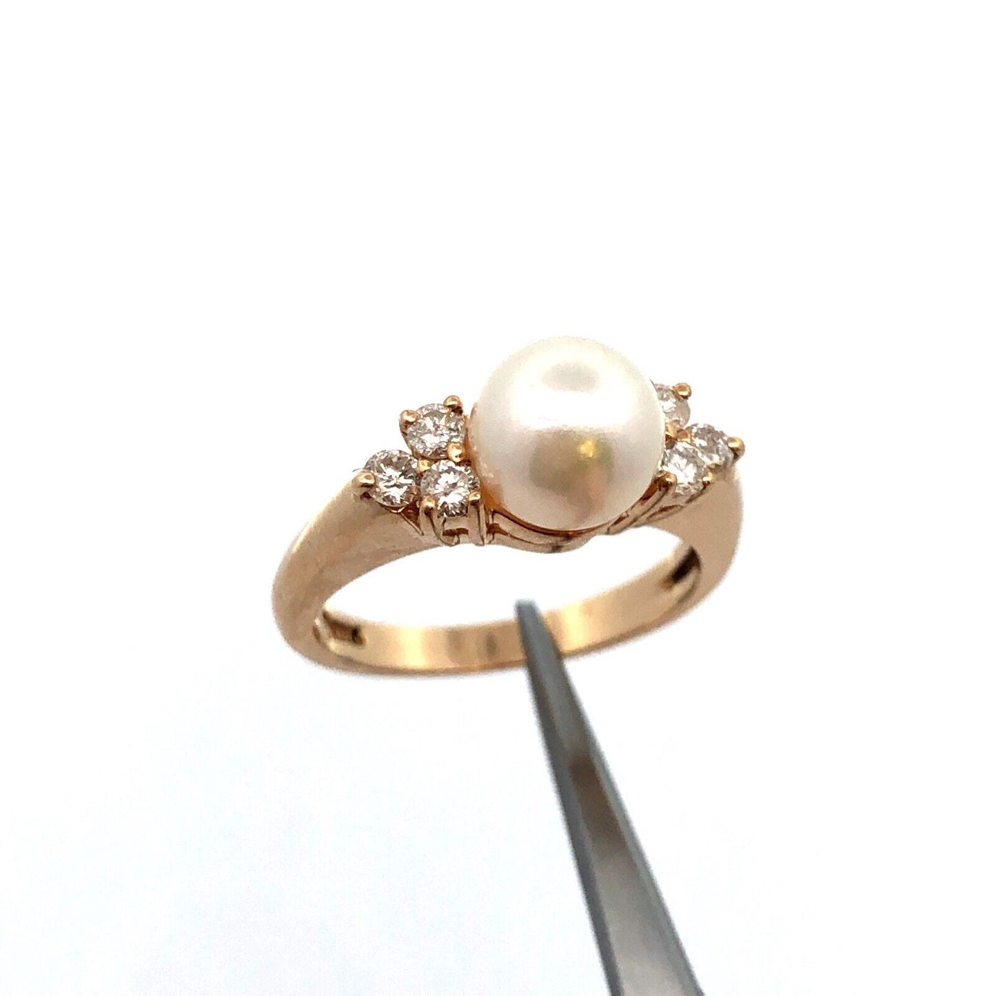 Designer 14K Yellow Gold Pearl Solitaire Round Diamond Accent Cocktail Ring