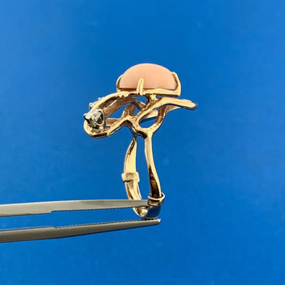Modernist 14K Yellow Gold Pink Coral Diamond Accented Free Form Artisan Ring