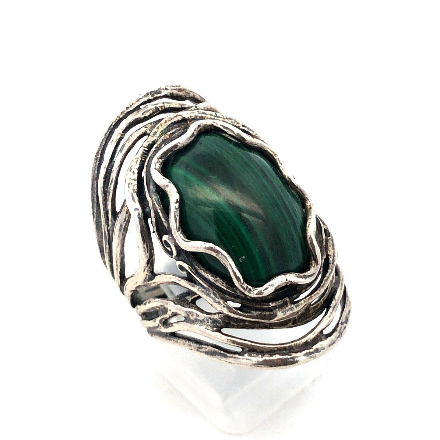Israel Designer Didae 925 Sterling Silver Oval Malachite Cabochon Statement Ring