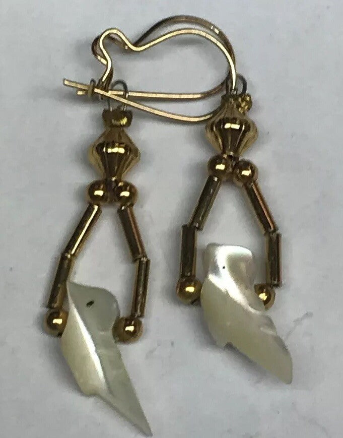 Vintage Gold Toned Mother Of Pearl Bird Drop Dangle Bead Earrings