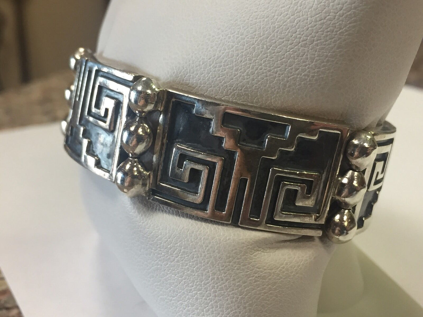 Sterling Silver JR Heavy Mexico 925 Aztec Design Beaded Bracelet