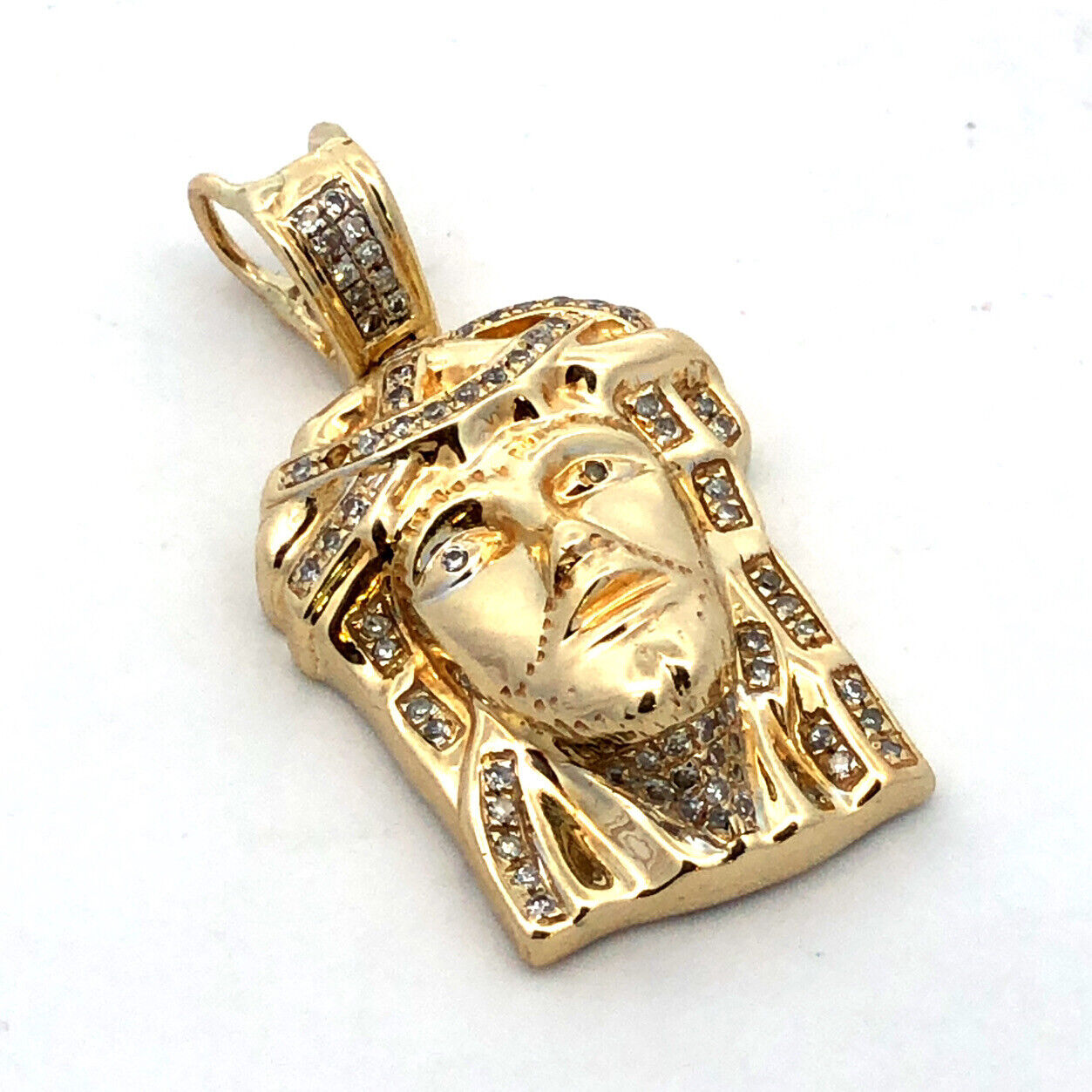14K Yellow Gold Diamond Jesus Christ Face Crown of Thorns Pendant