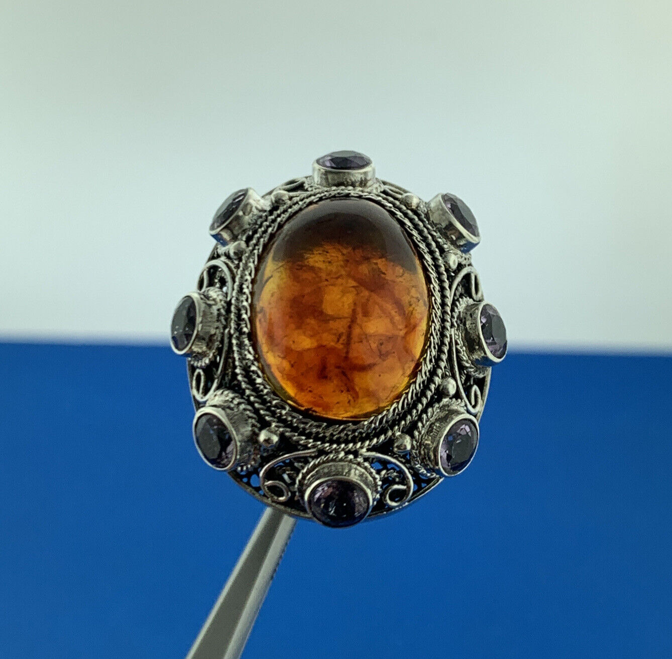 Designer 925 Sterling Silver Amber Cabochon Amethyst Accented Statement Ring