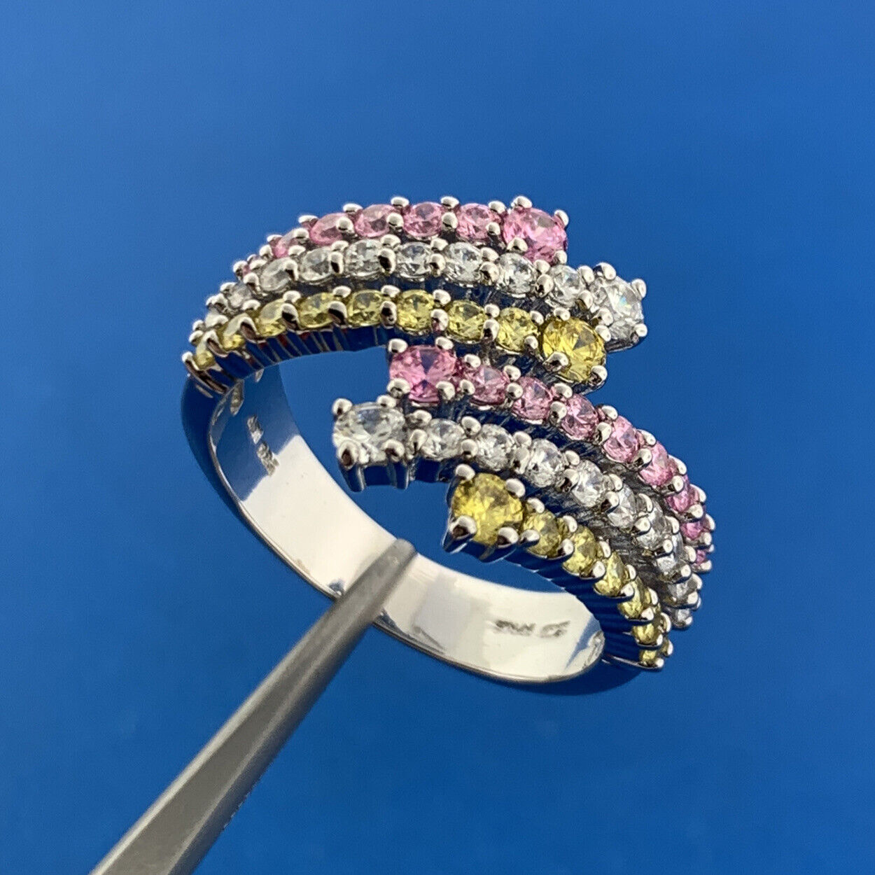 Designer Sterling Silver Pink White Yellow Cubic Zirconia Statement Bypass Ring