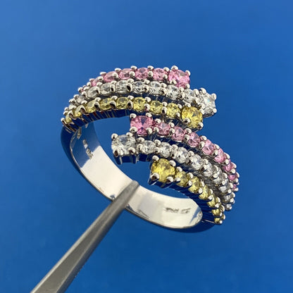 Designer Sterling Silver Pink White Yellow Cubic Zirconia Statement Bypass Ring
