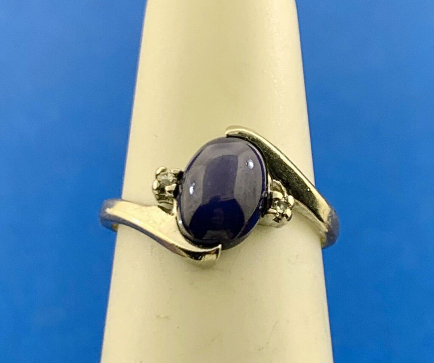 Designer 14K White Gold Oval Blue Star Sapphire Diamond Accent Bypass Ring