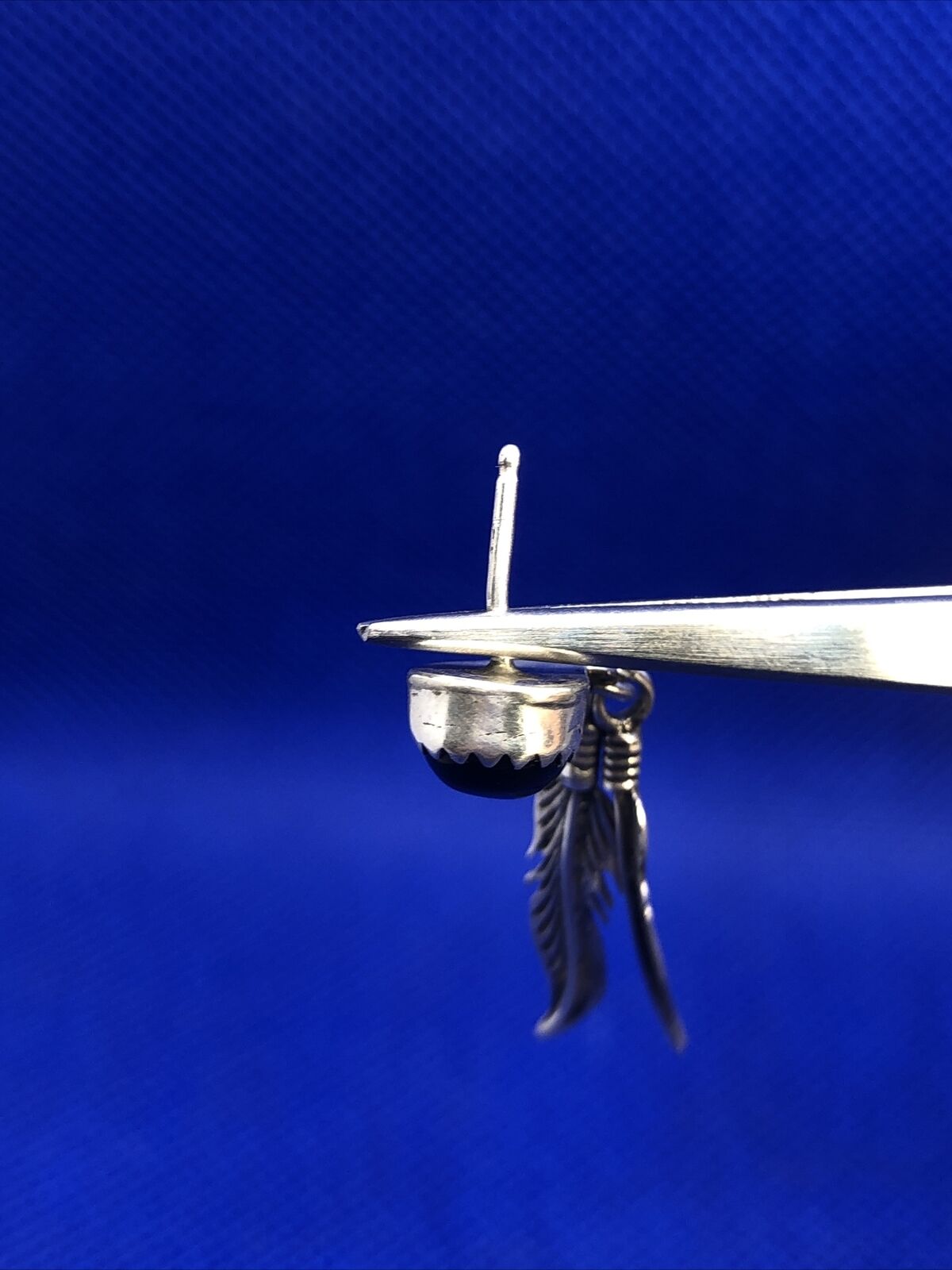 Designer STG 925 Sterling Silver Black Onyx Feather Dangle Drop Stud Earrings