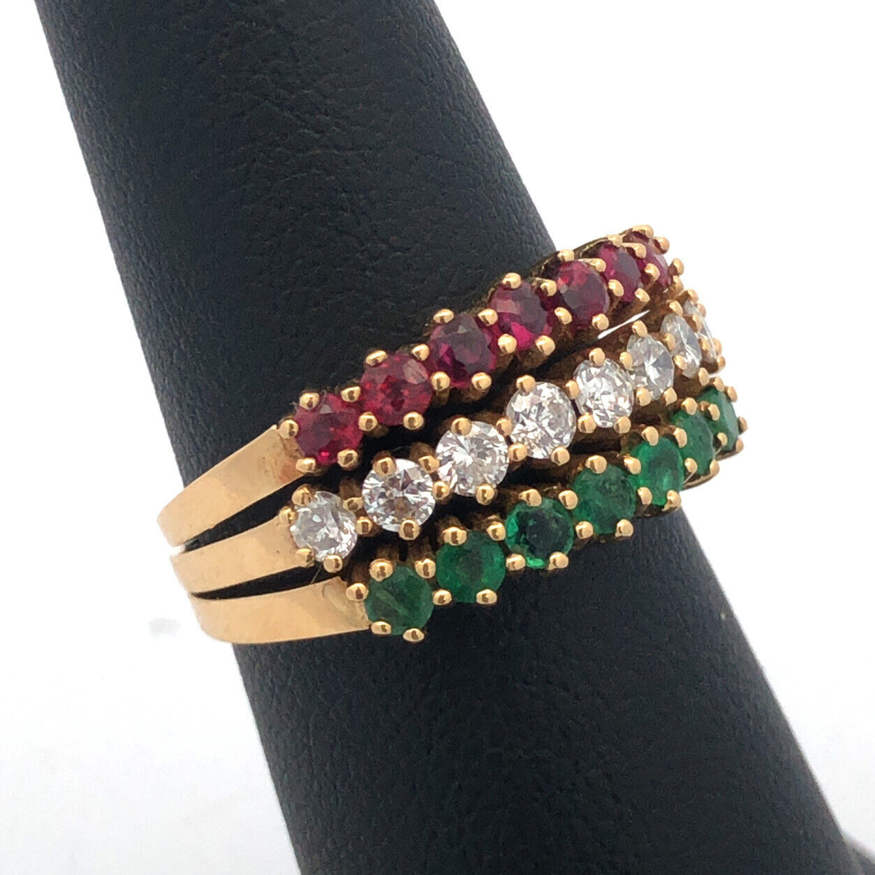 18K Yellow Gold Ruby Emerald Diamond Three Band Anniversary Cocktail Ring