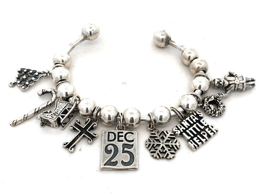 Vintage SJC 925 Sterling Silver Christmas Holiday Theme Beaded Charm Bracelet