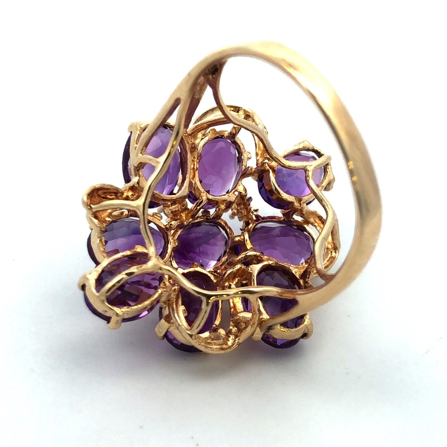 Designer 14K Yellow Gold Lab Created Oval Amethyst Diamond Cluster Cocktail Ring