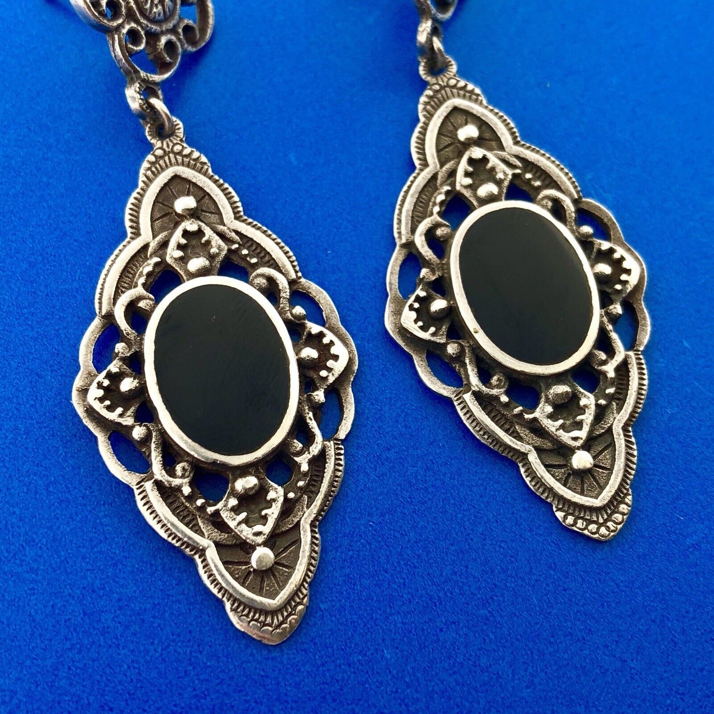 Retro 925 Sterling Silver Black Onyx Scroll Dangle Drop Earrings