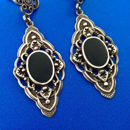 Retro 925 Sterling Silver Black Onyx Scroll Dangle Drop Earrings