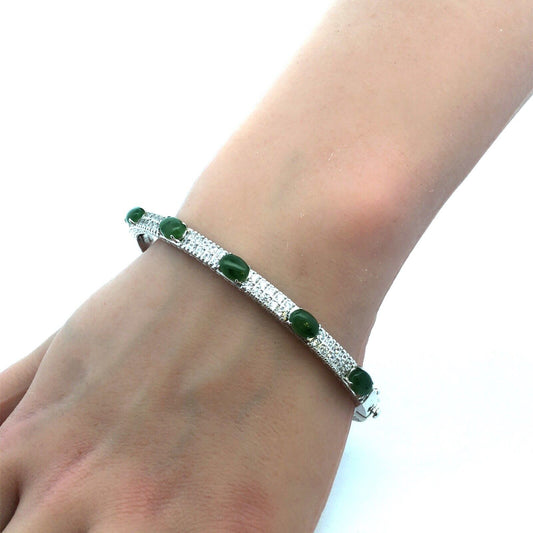 Desinger PAJ JOY 925 Sterling Silver Oval Jade CZ Accented Hinged Cuff Bracelet
