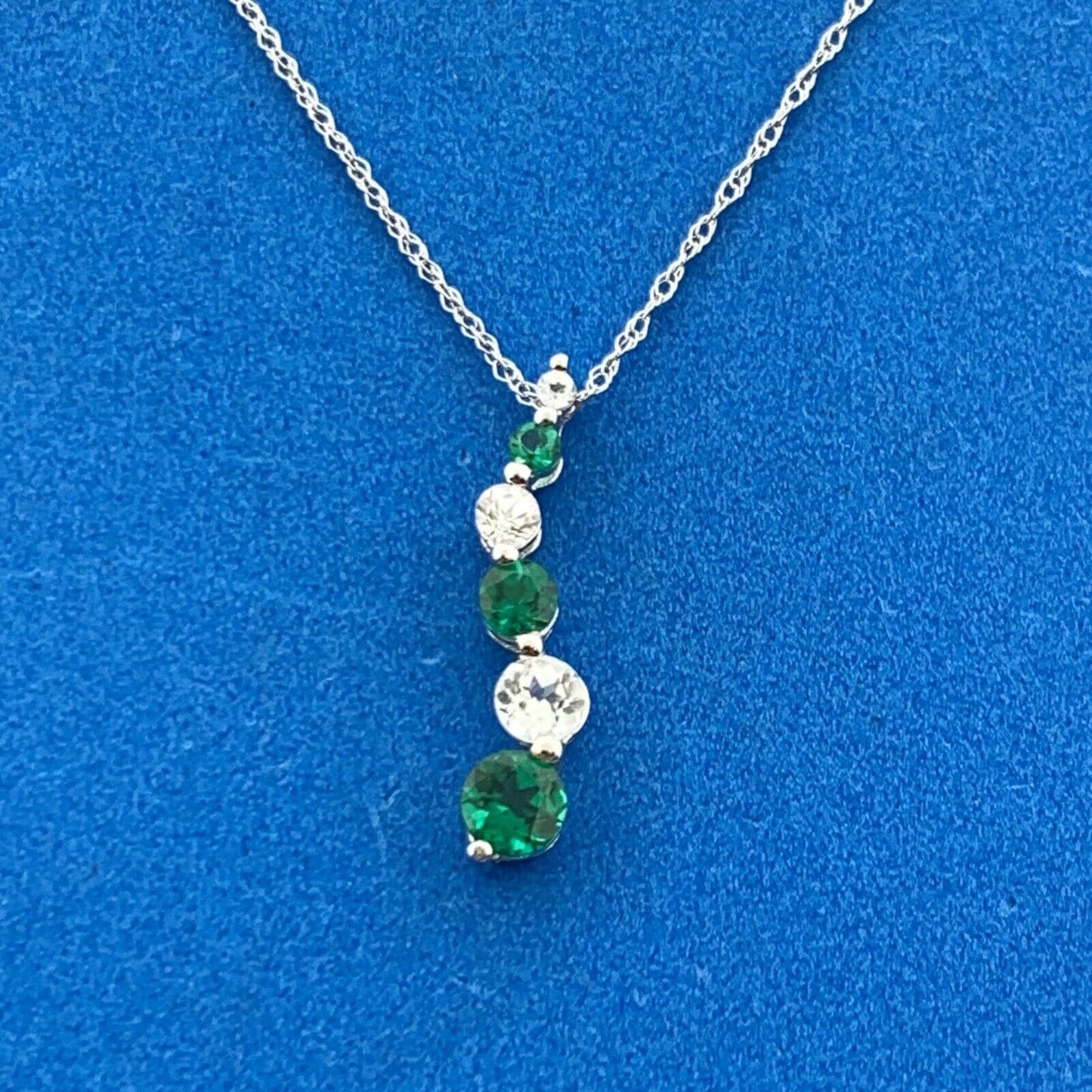 10K White Gold Emerald White Topaz Drop Anniversary Pendant Necklace