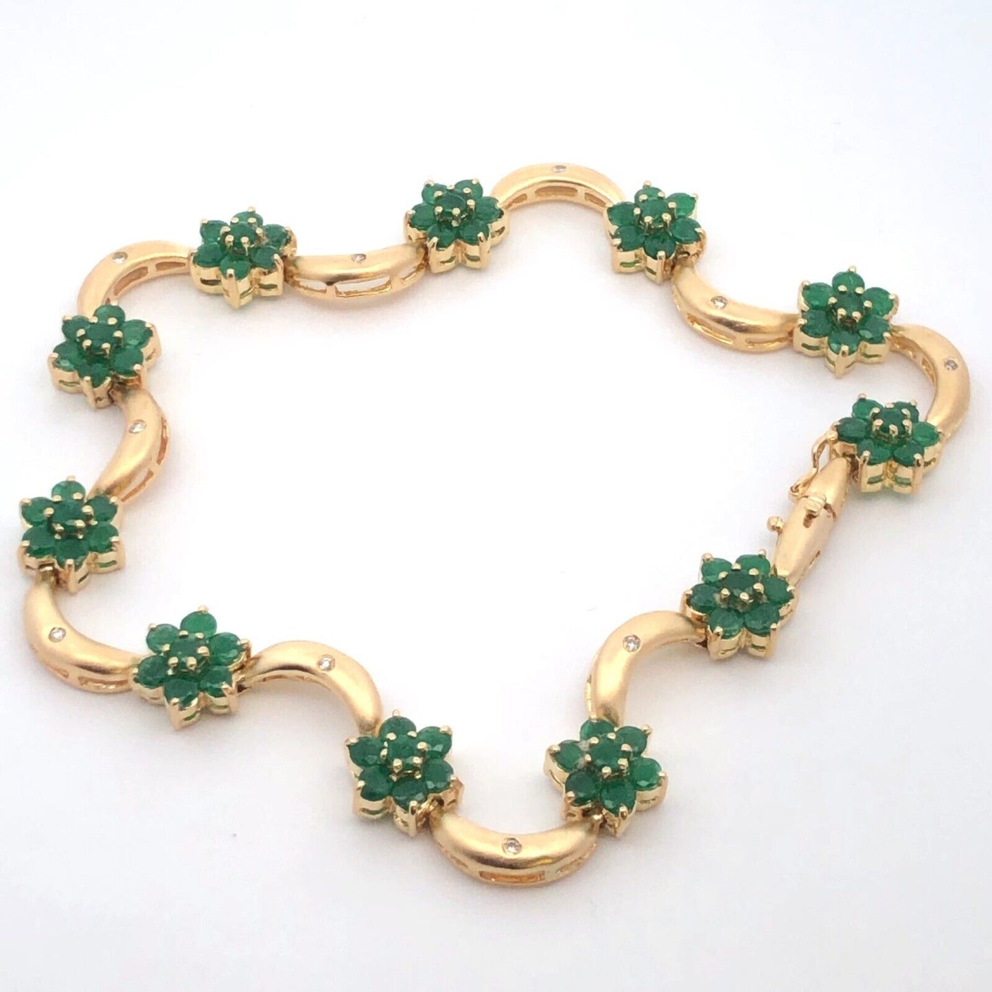 Designer 14K Yellow Gold Emerald Diamond Floral Station Bracelet