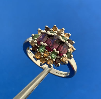 Designer 925 Sterling Silver Mixed Gemstone Floral Cluster Cocktail Ring