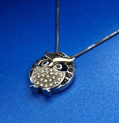 Designer 10K Yellow Gold Sterling Silver Black White Diamond Chubby Owl Necklace