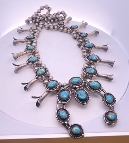 Vintage Native American 925 Sterling Silver Turquoise Squash Blossom Necklace