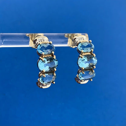 Designer 10K Yellow Gold Oval Blue Topaz Diamond Accented Half Hoop Earrings