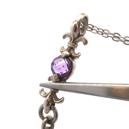 Vintage Designer 925 Sterling Silver Amethyst Fleur De Lis Pendant Necklace