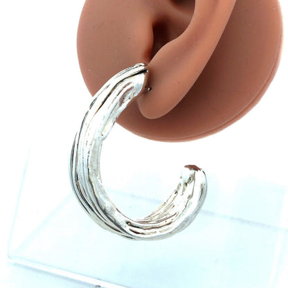 Estate Sterling Silver Textured Ribbed Modernist Drop Dangle Half Hoop Earrings