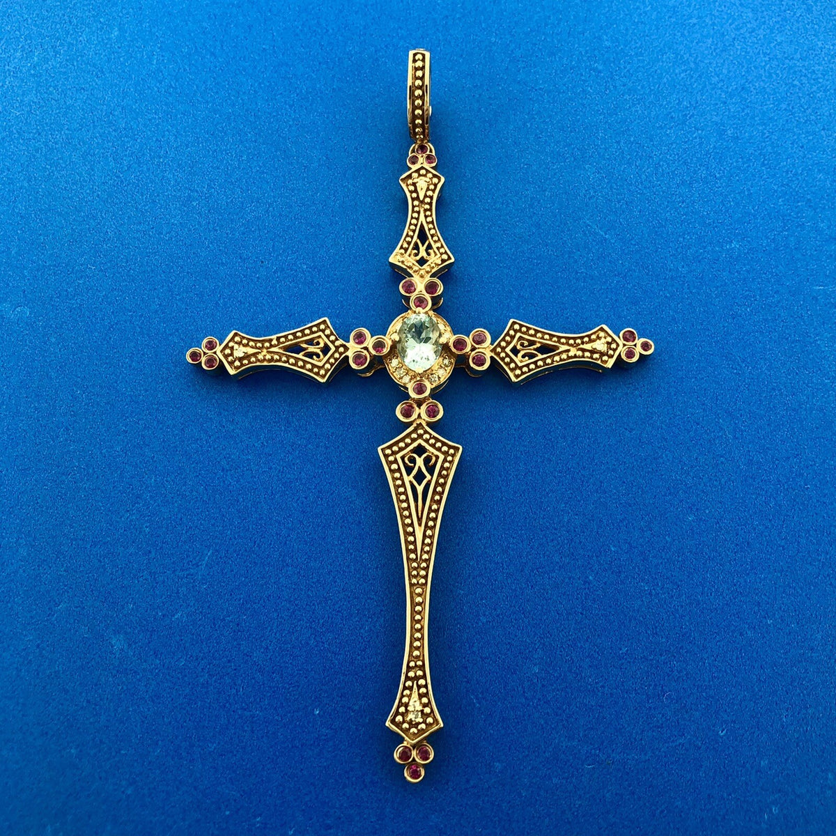 SR 14k Rose Gold Blue Tourmaline Ruby Diamond Faith Cross Pendant Enhancer