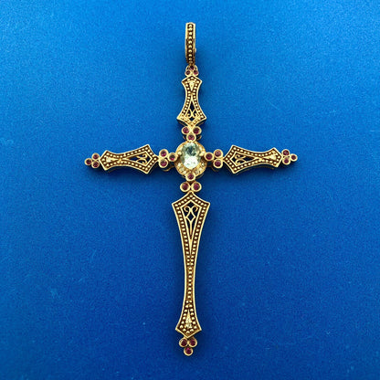 SR 14k Rose Gold Blue Tourmaline Ruby Diamond Faith Cross Pendant Enhancer