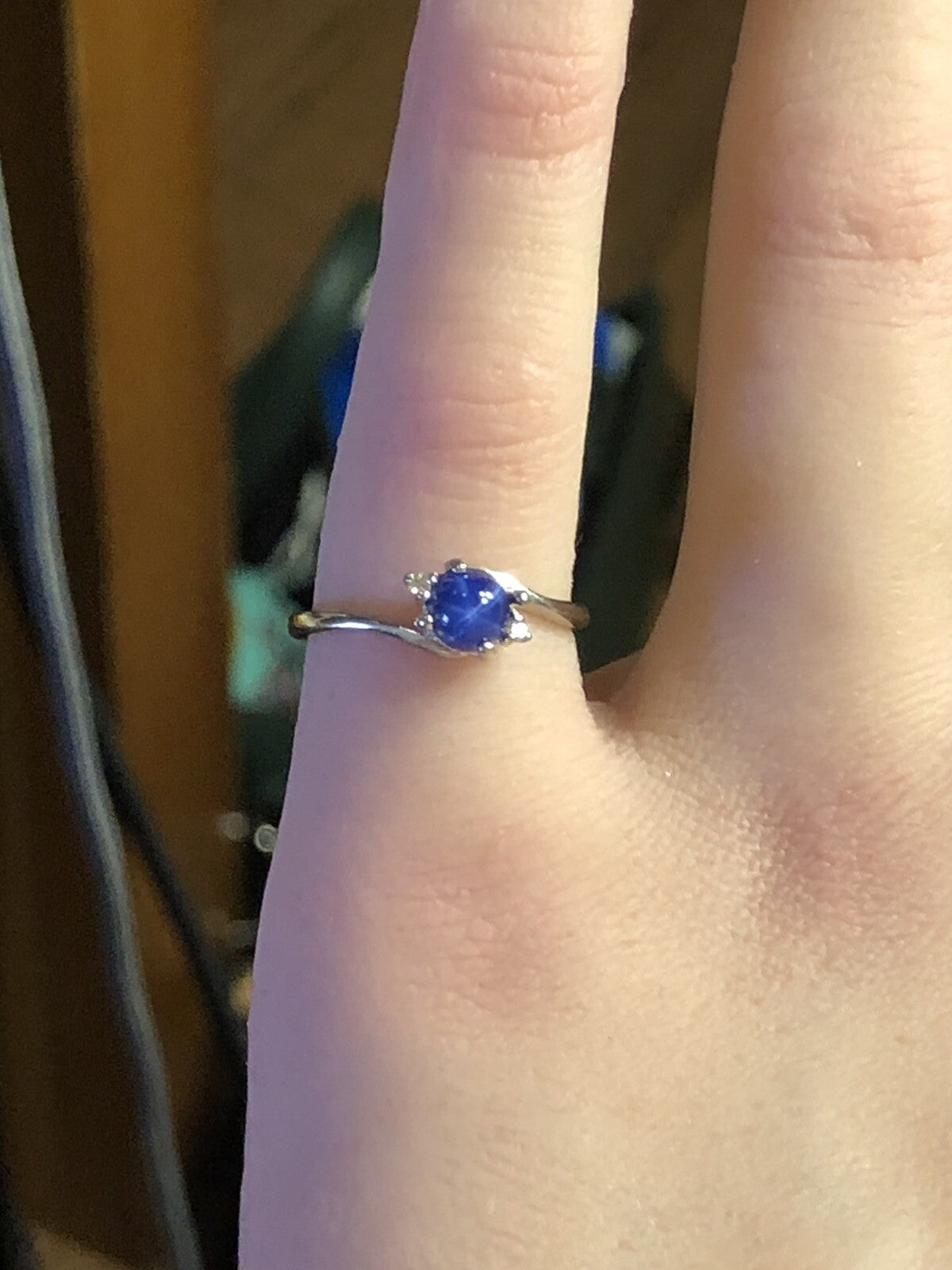 Vintage 10K White Gold Blue Star Sapphire Diamond Accented Cocktail Ring