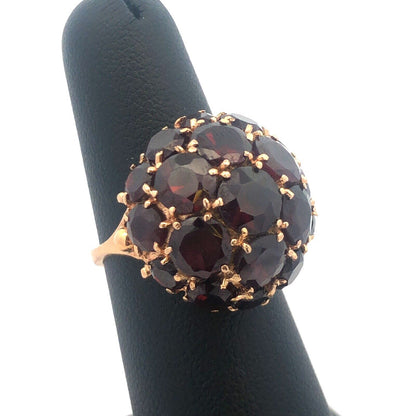 Gorgeous 14k Yellow Gold Round Cut Garnet Dome Cluster Statement Ring Size 6.5