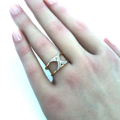 Gorgeous 14k Yellow Gold Round Cut Diamond X Double Band Ring Guard Size 7