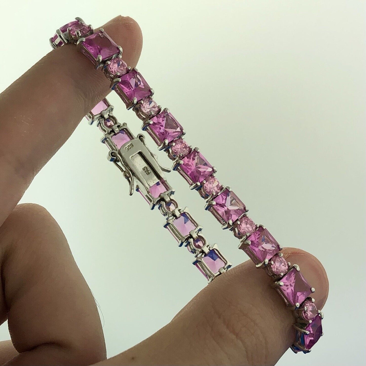 Sparkling FAS 925 Sterling Silver Pink Sapphire Round Pink CZ Tennis Bracelet