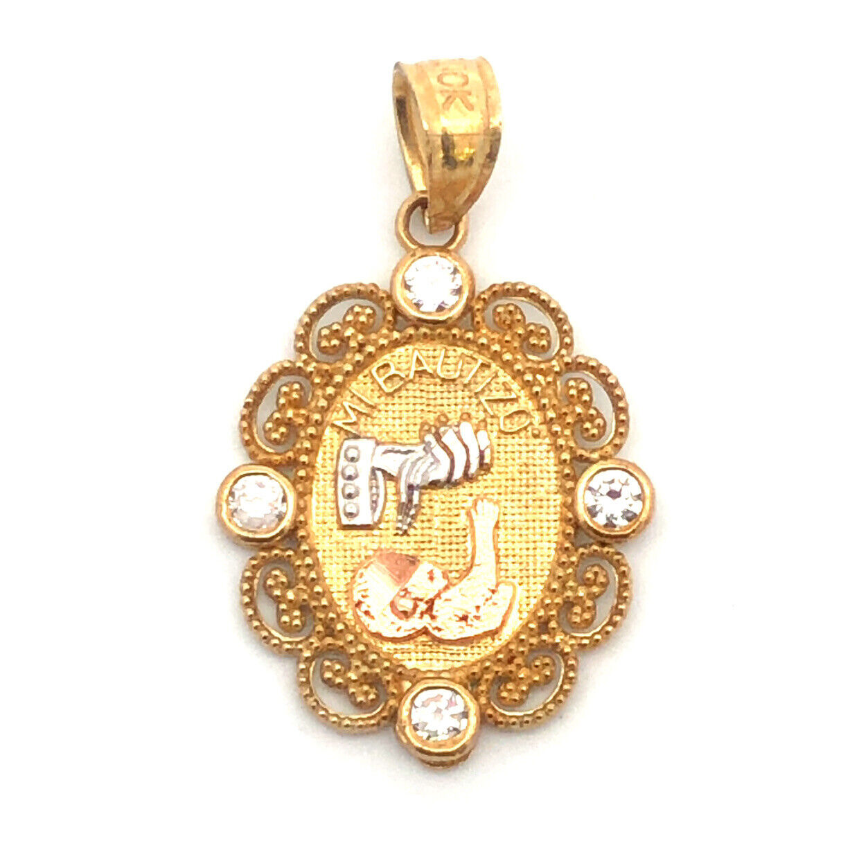 10K Tri Gold White Topaz Mi Bautizo God Bless Baptism Oval Filigree Pendant