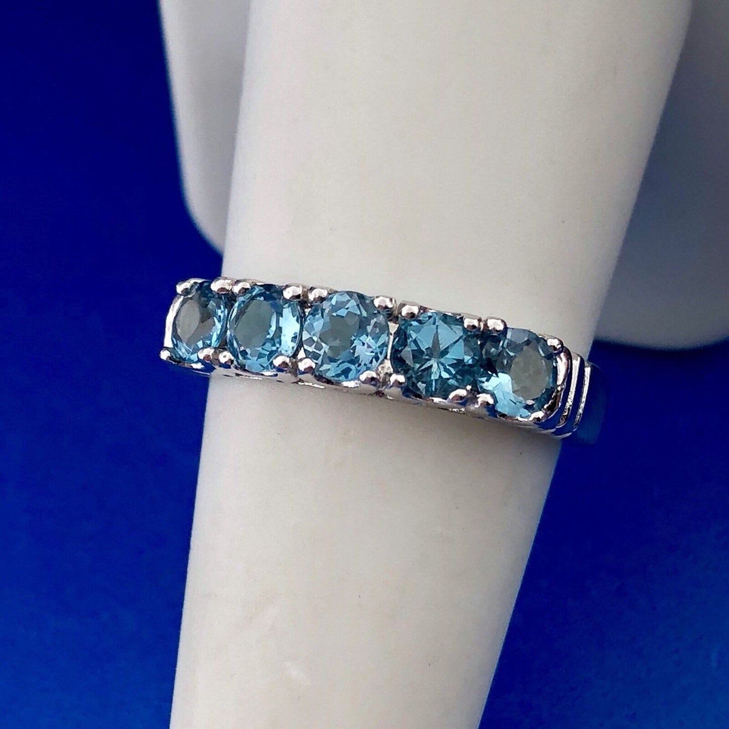 Vintage FAS Sterling Silver Blue Topaz 5 Stone December Anniversary Wedding Band